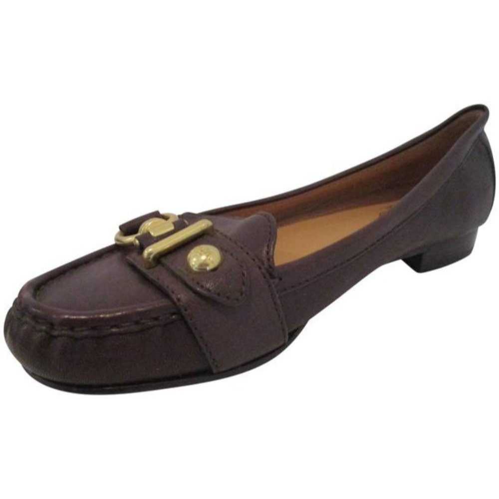 Coach Brown Chocolate Gold Button Logo Accent Loafer Flats